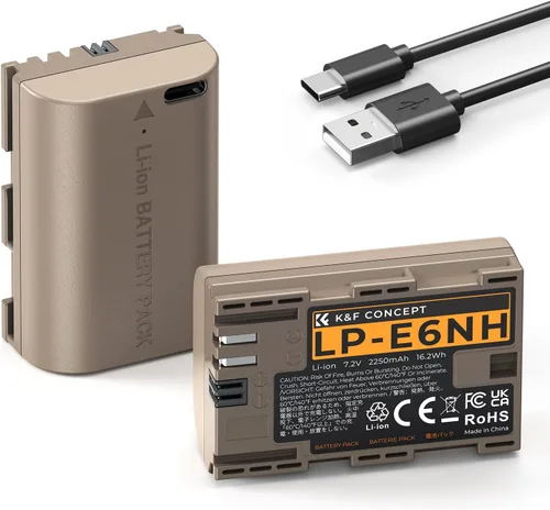 K&F Concept Paquete de 2 baterías LP-E6NH con USB-C 2H de carga rápida R7 compatible con Canon R7 R6 R5, 5D 6D 7D Mark II III IV, 90D 80D 70D,
