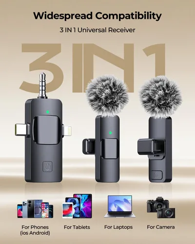 Miniatura 8 de BAILIXIN Micrófono 3 en 1 para iPhone, Android, cámara, micrófonos inalámbricos, mini micrófono, micrófono de solapa con reducción de ruido, sonido