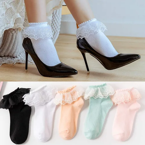 Miniatura 3 de SRYL Calcetines de tobillo para mujer, con volantes de encaje y encaje de doble capa, calcetines de princesa H08