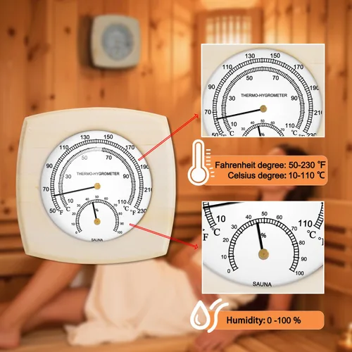 Miniatura 2 de Termómetro e higrómetro de madera para sauna - 2 en 1 Fahrenheit (50-250°F) para salas de barril/infrarrojos/vapor, diseño analógico de montaje