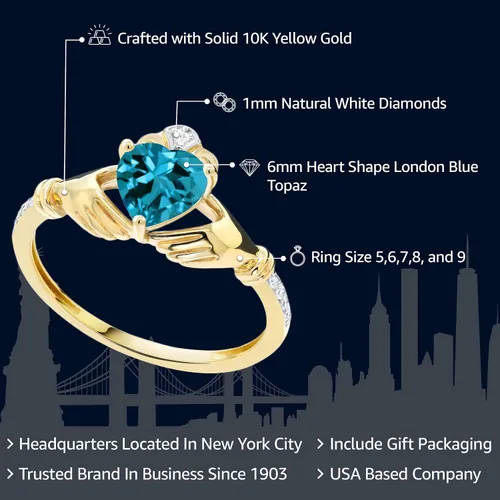 Miniatura 30 de Gem Stone King Anillo de compromiso claddagh celta irlandés de oro amarillo de 10 quilates con piedra preciosa en forma de corazón de 0.236 in