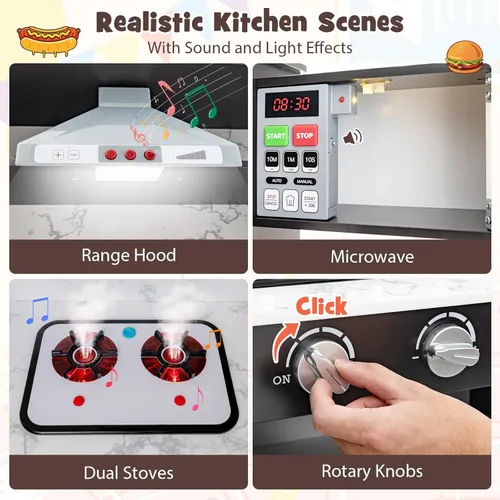 Miniatura 2 de Costzon Juego de cocina para niños, 2 piezas de juguete de cocina con luz, sonido, lavabo, microondas, pizarra, máquina de hielo, campana Negro