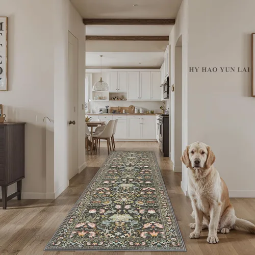 Miniatura 7 de Alfombra Lavable para Pasillo Ancho: 3 x 10 Pies Alfombra de Área de Entrada Resistente al Agua Alfombra Suave Vintage para Sala de Estar Verde