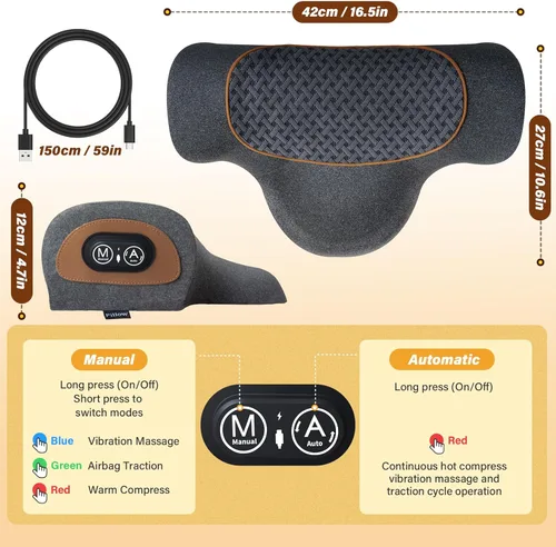 Miniatura 7 de Almohada masajeadora de cuello recargable 3 en 1 con calor, vibración y tracción de aire, almohada térmica para el cuello, joroba, relajación Negro