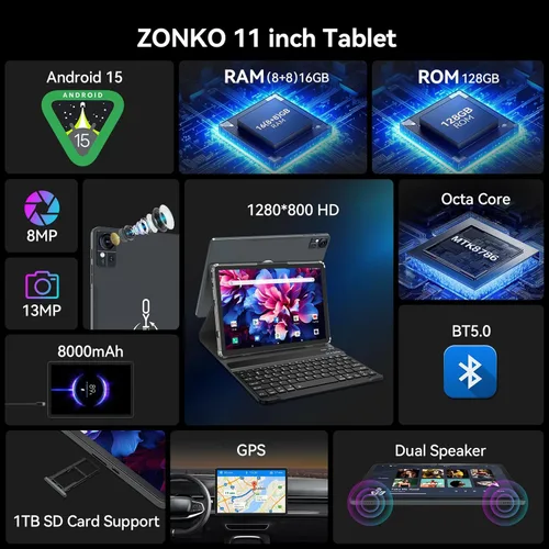 Miniatura 2 de Tablet de 11 pulgadas versión 2026, tabletas Android 15 con teclado, 16 (8+8) GB de RAM 128 GB ROM 1TB Expand, tableta WiFi 2.4G/5G con BT 5.0
