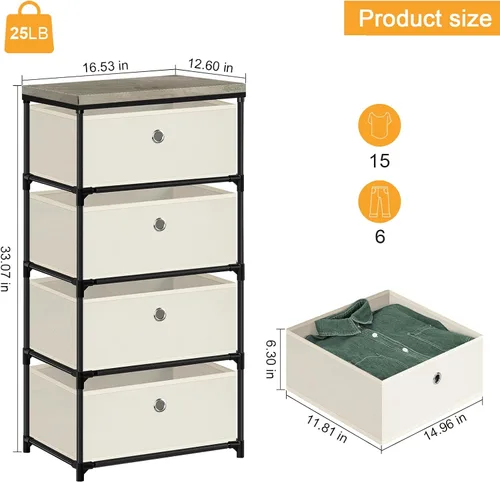 Miniatura 3 de HAITRAL Cajonera de tela, organizador de cajones para ropa - Unidad organizadora de almacenamiento de 4 cajones para armario, cómoda de armario