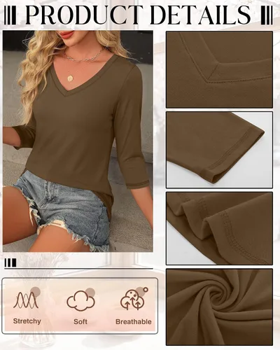 Miniatura 4 de Ficerd Paquete de 3 camisetas de manga 3/4 para mujer, cuello en V, blusas holgadas, blusas casuales, ropa de moda 2026