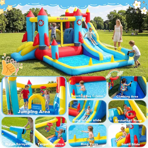 Miniatura 4 de Casa inflable de rebote con tobogán acuático, 12 en 1, tobogán acuático inflable con piscina de salpicaduras, aro de baloncesto, pistola de agua