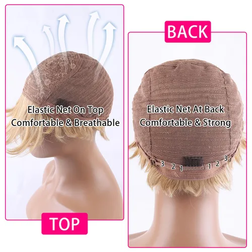 Miniatura 6 de Pelucas Honey Blonde sin pegamento para usar y quitar, pelucas de cabello humano cortas con corte Pixie para mujeres, peluca de cabello humano corta