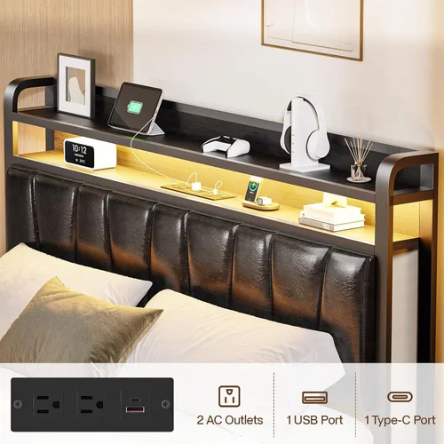 Miniatura 3 de Base de cama de tamaño matrimonial con estantes de almacenamiento de 2 niveles, marco de cama LED con cabecera de piel sintética, cama de plataforma