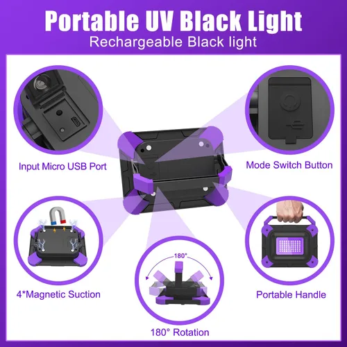 Miniatura 6 de T-SUN Luces negras recargables, luz negra alimentada por pilas para pesca, luz de trabajo portátil para fiesta brillante, pintura corporal, póster