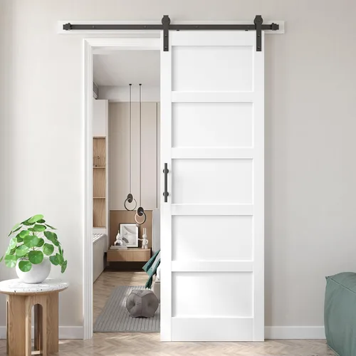 Miniatura 47 de Fredbeck Puerta de granero blanca de 30 x 84 pulgadas con kit de herrajes para puerta corredera de 5.5 pies incluido y asa, sólida, MDF, superficie