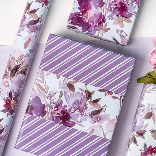 Miniatura 5 de WRAPAHOLIC Papel de regalo floral reversible, mini rollo, 17 pulgadas x 33 pies, diseño floral morado para bodas, cumpleaños, día de San Valentín