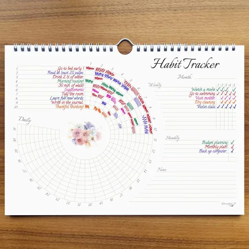 Miniatura 3 de Calendario de seguimiento de hábitos (sin fecha de 12 meses), diseño floral, encuadernado en espiral y colgador, tamaño A4 (8,3 x 11.7 pulgadas)