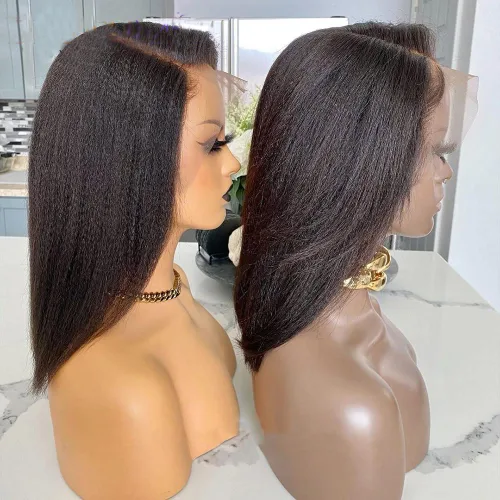 Miniatura 2 de QUINLUX - Pelucas de cabello humano corto estilo Bob italiano Yaki de 13 x 6 pulgadas con encaje frontal para mujeres negras, densidad 150, pelucas