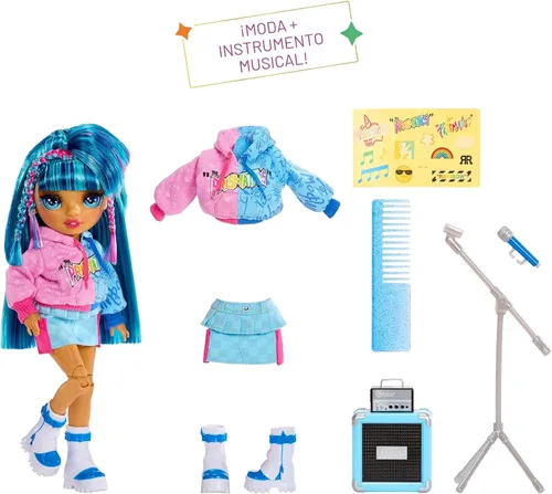 Miniatura 2 de Rainbow High Jr High Rock Band - Skyler, muñeca de moda azul de 9 pulgadas con micrófono más soporte y amplificador, personalizable con calcomanías