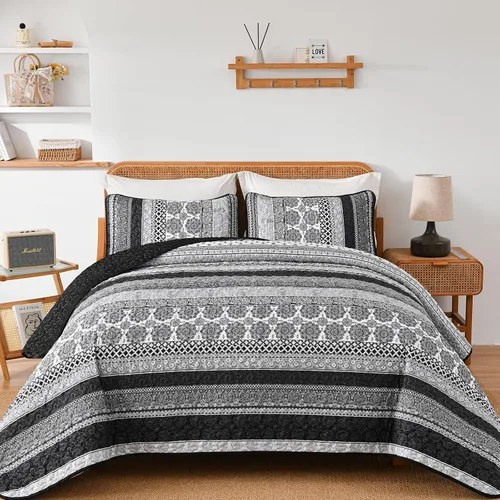 Miniatura 15 de WONGS BEDDING Juego de Edredón Boho Tamaño Full, Juego de Edredones Bohemios Grises de 3 Piezas, Juego de Ropa de Cama Cubrecama de Microfibra