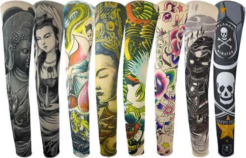 Mangas de tatuaje falsas para hombres, 8 piezas de protección UV, enfriamiento temporal brazo, Buda, dragón, flor, monstruo, tribal, mangas