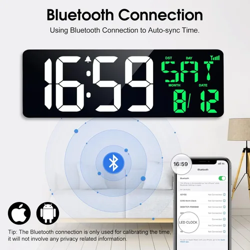 Miniatura 2 de Reloj de pared digital de 17 pulgadas, pantalla grande, tiempo de sincronización Bluetooth, atenuación automática, reloj de pared digital grande