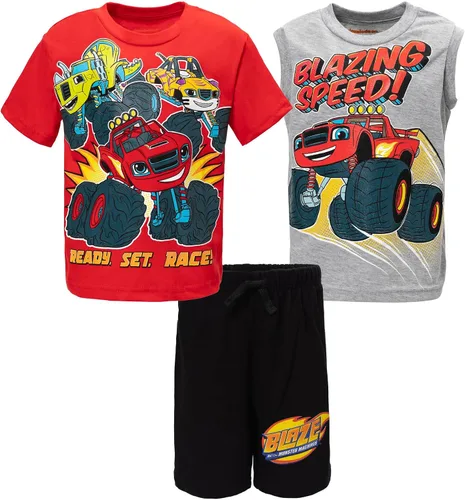 Blaze and the Monster Machines Stripes Zeg - Camiseta sin mangas y pantalones cortos de ciclismo de rizo francés, juego de 3 piezas de niño a niño