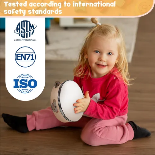 Miniatura 7 de Stoie's Instrumentos musicales de madera para niños pequeños con tambor, flauta, campanas de mano, platillos, castañuelas, triángulo, para bebés