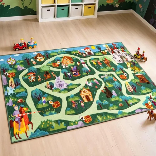 Miniatura 7 de LIVEBOX Alfombra lavable para sala de juegos para niños, alfombra de juego con caminos y aventuras en el bosque de fantasía, alfombra antideslizante