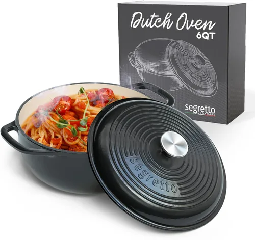 Segretto Cookware Horno Holandés de Hierro Fundido Esmaltado, 6 Cuartos, Negro negro (Nero)
