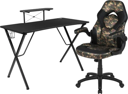 Miniatura 64 de Flash Furniture Juego de escritorio para juegos negro y silla de carreras blanco/negro con soporte para tazas, gancho para auriculares y soporte