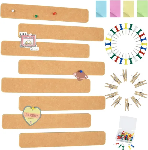 Miniatura 24 de Vuzvuv 8 tiras para tablón de anuncios con 50 chinchetas y 10 clips de madera, tablero de corcho autoadhesivo para pared, tablero de fieltro