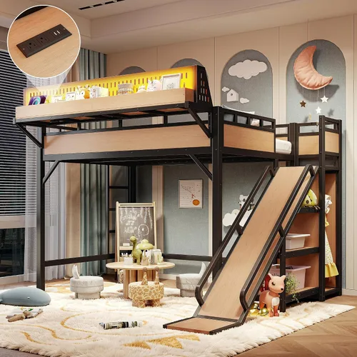 Miniatura 8 de Cama tipo loft de tamaño matrimonial con escaleras de almacenamiento integradas, armario, marco de cama alta de metal con barandilla lateral