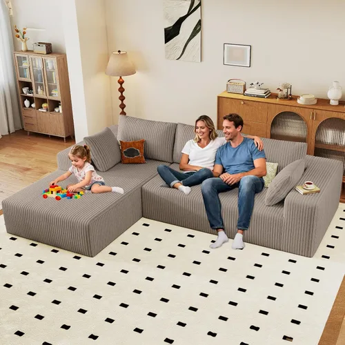 Miniatura 44 de Sofá seccional modular de 96", sofá en forma de L tipo nube sin estructura con chaise lounge, tapizado de pana con asiento profundo de espuma Negro