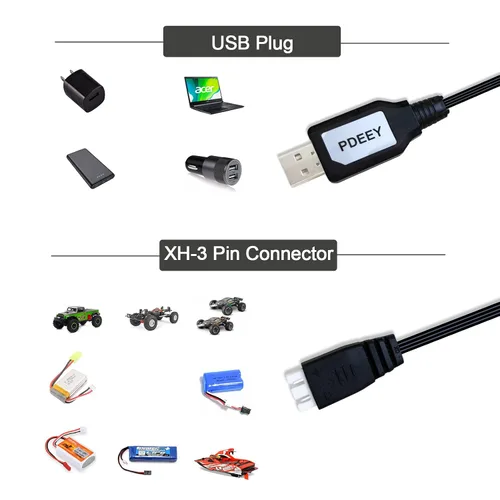 Miniatura 2 de Cable de carga de repuesto para coche SCX24 RC, pistola de bolas de salpicadura, pistola de gel, dron, cargador de batería Lipo de 7.4V 2S, paquete