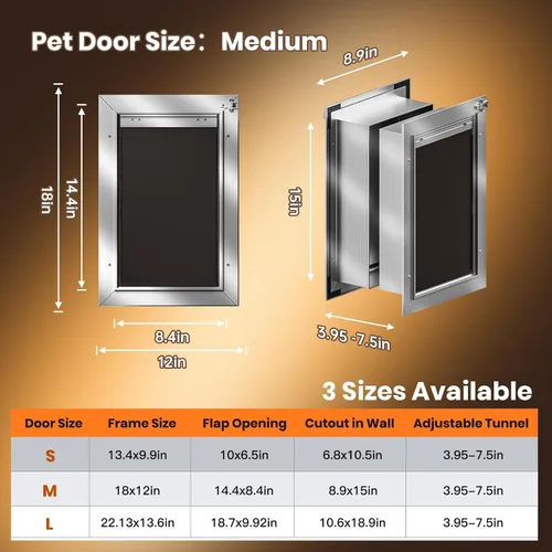Miniatura 5 de Puerta para perros de pared, puerta mediana para perros, puerta resistente para mascotas y gatos, marco completamente de aluminio, 2 solapas