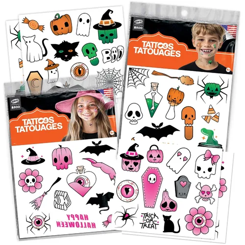 Paquete variado de tatuajes temporales de Halloween espeluznantes, más de 100 diseños aterradores para niños y adultos, incluye fantasmas,