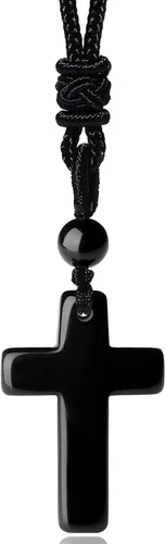 Collar de cristal de obsidiana, collares de cristales de cruz, cuerda negra, piedra preciosa Reiki, joyería de cuarzo energético para hombres y