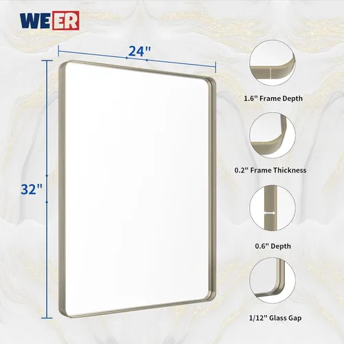 Miniatura 6 de WEER Espejo de baño de níquel cepillado de 24 x 32 pulgadas, marco de metal plateado cepillado, espejo rectangular redondeado de baño plateado