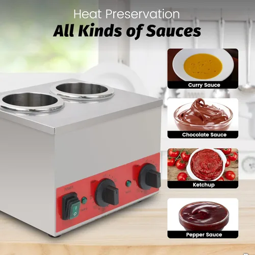 Miniatura 4 de Calentador de salsa eléctrico comercial de doble pozo, dispensador de botellas para queso Nacho, chocolate, mermelada y mantequilla, temperatura