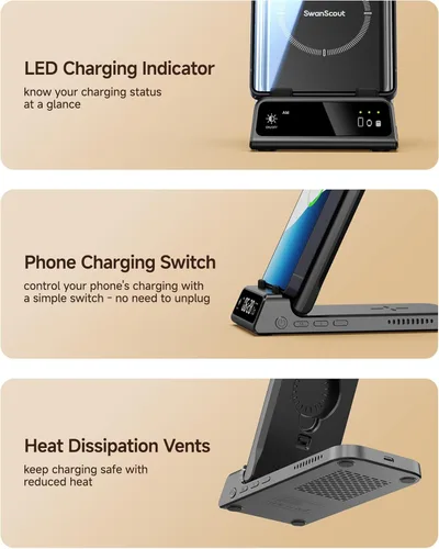 Miniatura 5 de Estación de carga para Samsung, SwanScout 703S, cargador inalámbrico para Galaxy S25 Ultra/S25+/S25/S25 Edge/S24 Ultra/S24+/S24/S23, Galaxy Watch