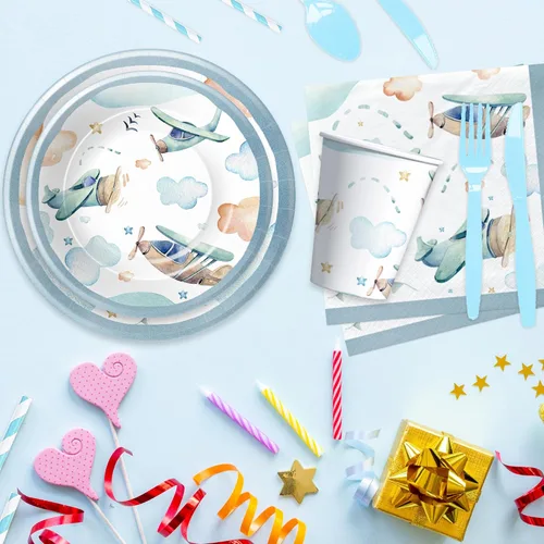Miniatura 5 de Suministros para fiesta de cumpleaños de avión – Vajilla de decoración de aviones, plato de papel, taza, servilleta, tenedor, vajilla de baby shower