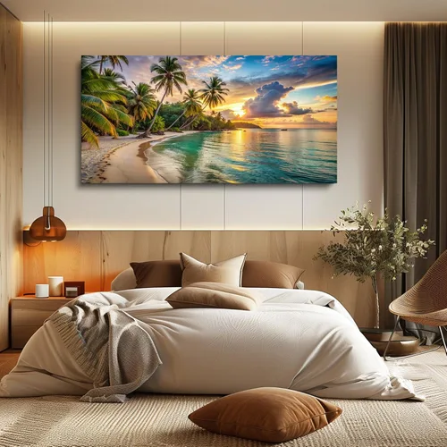 Miniatura 4 de Bamdeya Sunset Beach Canvas Wall Art Coastal Picture Tropical Artwork Ocean Decor Seascape Paintings Landscape Prints Framed for Bedroom Living Room