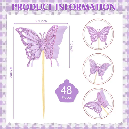 Miniatura 2 de Chinco 48 piezas de decoración de pastel de mariposa, decoración de cupcakes de doble capa ensamblada, decoración de pastel de 3D con purpurina