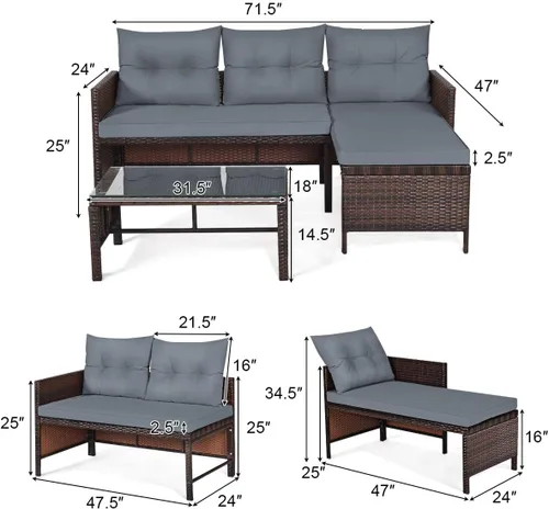 Miniatura 2 de COSTWAY Juego de muebles de patio de 3 piezas, sofá seccional de mimbre para exteriores con cojines y mesa de centro de vidrio templado para Gery
