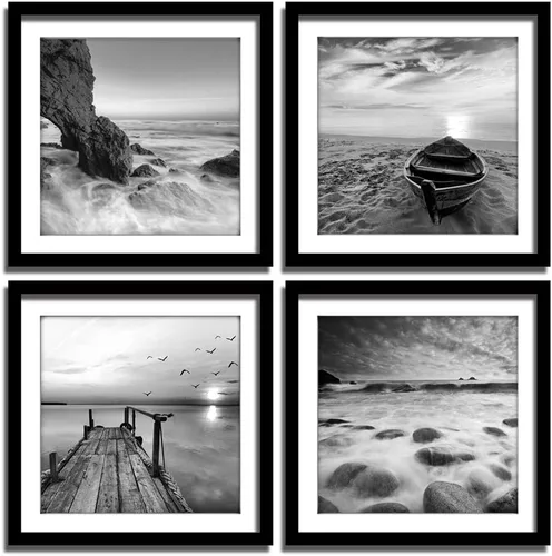 ENGLANT - Juego de 4 paneles de lienzo enmarcado para paisaje marino, playa y barco, paisaje del amanecer, blanco y negro, impresión en lienzo