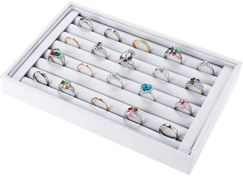 Miniatura 2 de Valyria Bandejas de terciopelo con 7 ranuras para aretes de anillo, exhibición, organizador de joyas (piel sintética blanca)