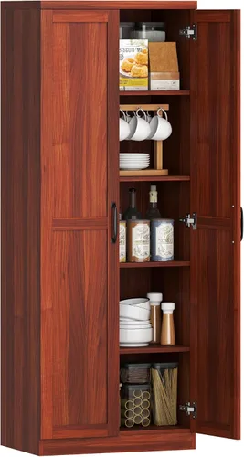 HOMCOM Despensa de cocina de 2 puertas de 63", armario de almacenamiento independiente con estantería de 5 niveles y 2 estantes ajustables para