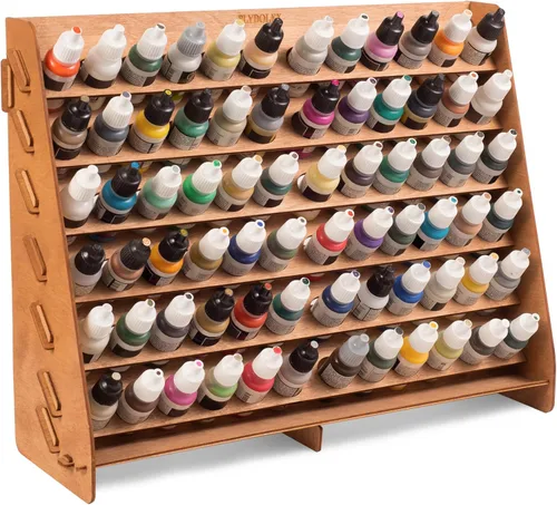 Soporte para pintura de pared, funciona para Warhammer 40K, DnD, otras figuritas, 72 agujeros para botellas de pintura Vallejo, estante de madera