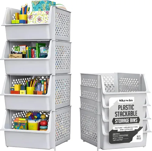 Miniatura 18 de Skywin TidyFriend - Recipientes apilables de plástico grandes para despensa, paquete de 3 contenedores apilables para organizar artículos esenciales