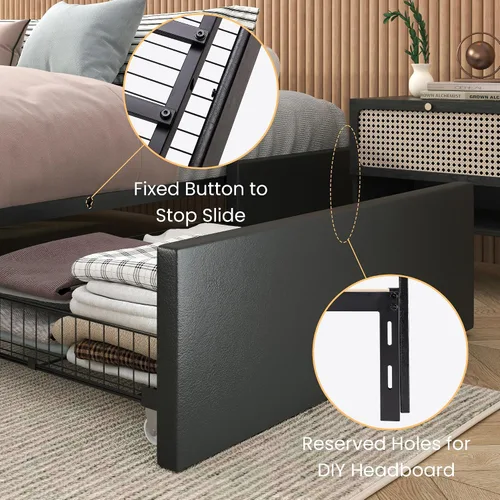 Miniatura 6 de SHA CERLIN Base de cama moderna de plataforma completa con 3 cajones de almacenamiento, diseño de panel lateral de ala, tapizado de piel sintética