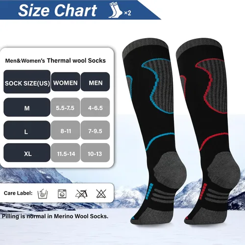 Miniatura 5 de Calcetines de esquí de lana merina, 2 pares, calcetines térmicos hasta la rodilla para snowboard, senderismo, clima frío, nieve, caza