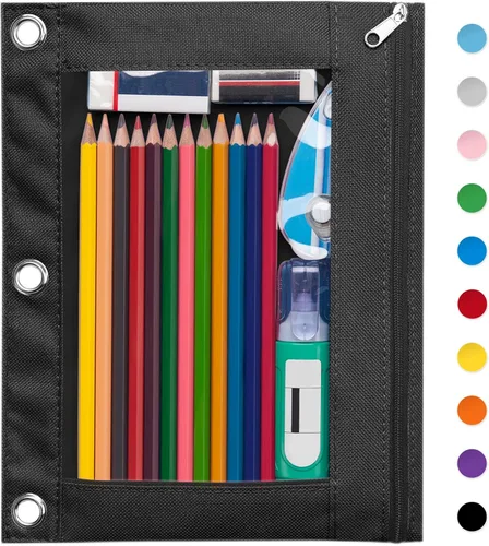 Miniatura 20 de Forvencer Estuche para lápices de 3 anillas, estuche transparente con cremallera suave, bolsa de lápices de gran capacidad con 3 ojales reforzados